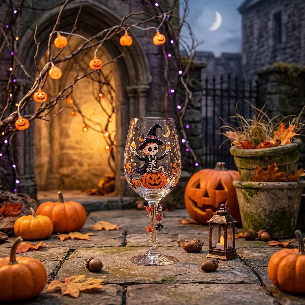 Halloween Decorative Goblet with Skeleton, Pumpkin and Purple Witch Hat by AuroraeGlass — photo 8
