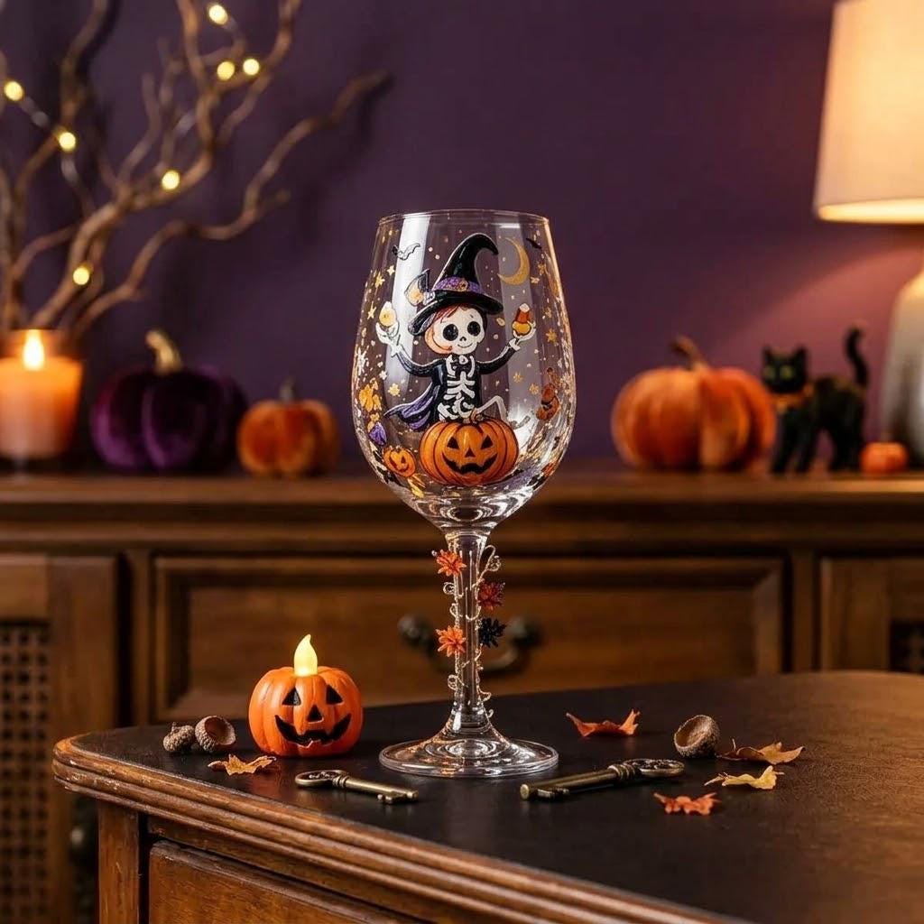 Halloween Decorative Goblet with Skeleton, Pumpkin and Purple Witch Hat by AuroraeGlass — photo 7
