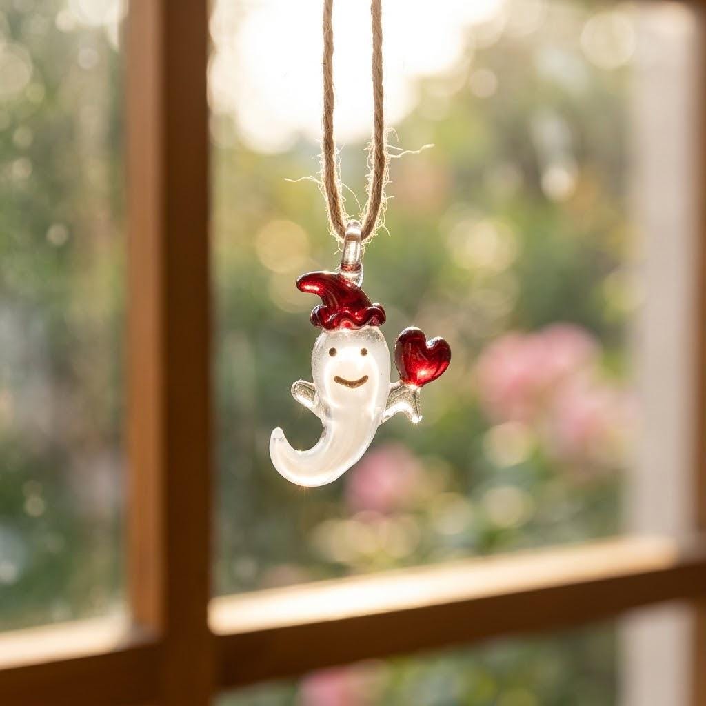 Ghost Ornament with Red Heart and Curved Red Hat, Mini Halloween Hanging Decor by AuroraeGlass — photo 9