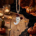 Ghost Ornament with Red Heart and Curved Red Hat, Mini Halloween Hanging Decor by AuroraeGlass — photo 2