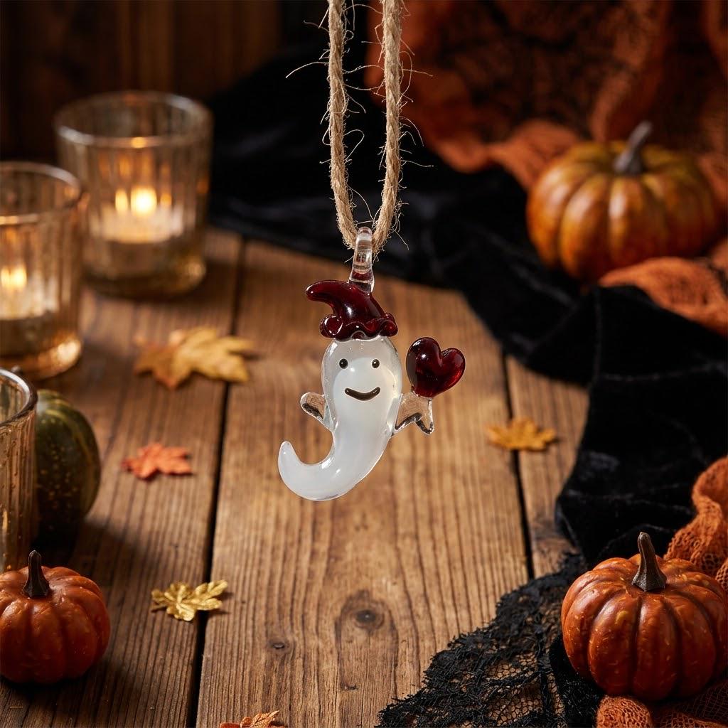 Ghost Ornament with Red Heart and Curved Red Hat, Mini Halloween Hanging Decor by AuroraeGlass — photo 2