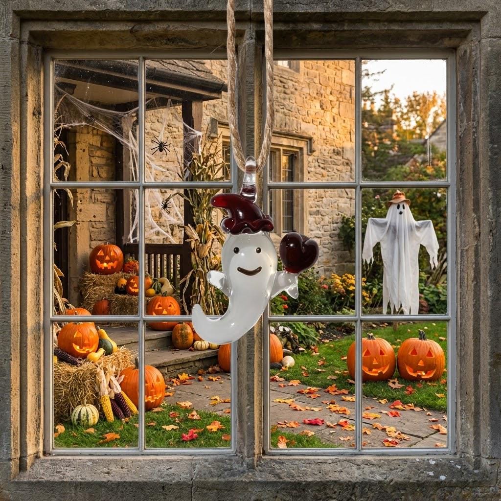 Ghost Ornament with Red Heart and Curved Red Hat, Mini Halloween Hanging Decor by AuroraeGlass — photo 7