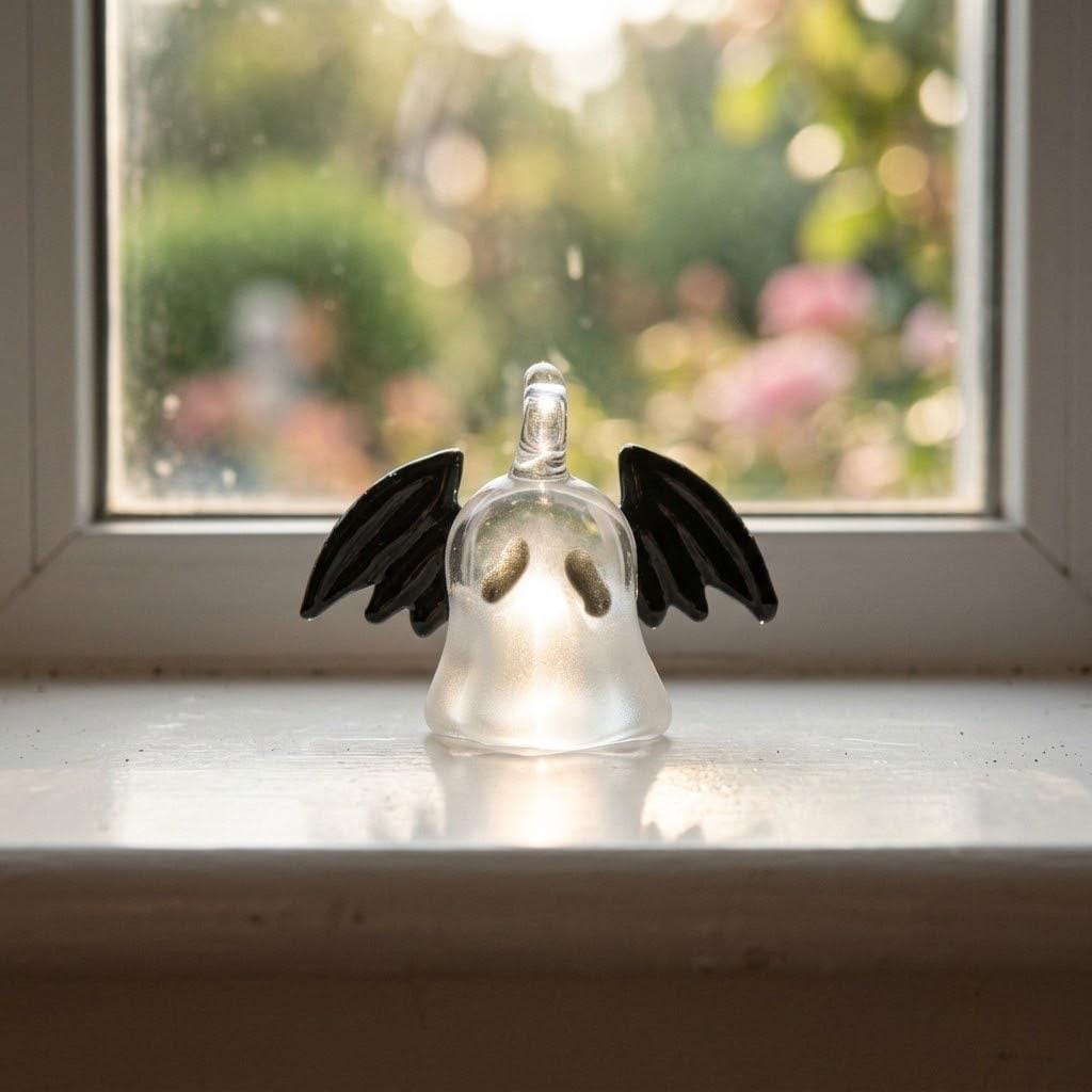Ghost Ornament with Black Side Wings and Downturned Eyes, Halloween Hanging Decor by AuroraeGlass — photo 9