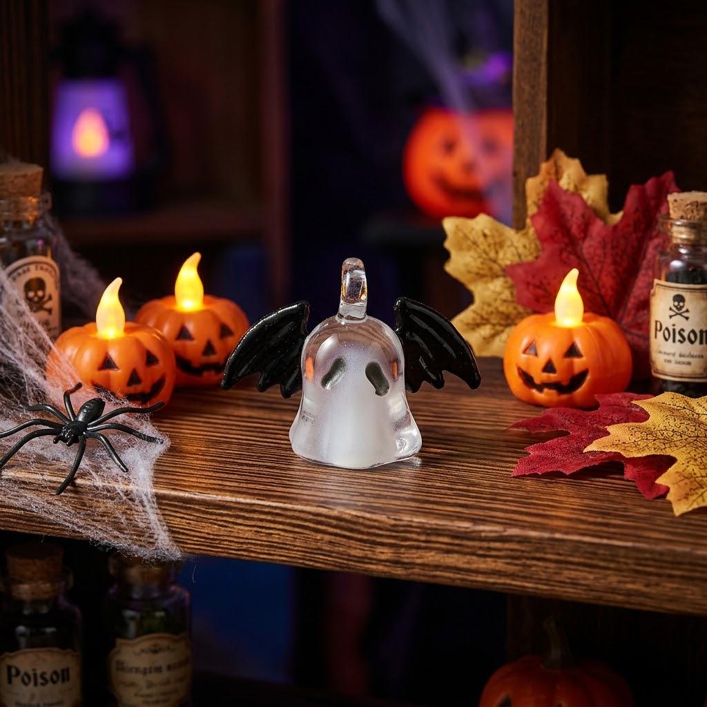 Ghost Ornament with Black Side Wings and Downturned Eyes, Halloween Hanging Decor by AuroraeGlass — photo 8
