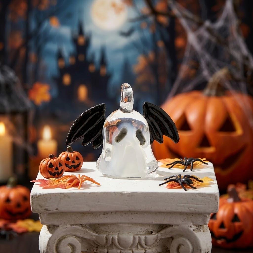 Ghost Ornament with Black Side Wings and Downturned Eyes, Halloween Hanging Decor by AuroraeGlass — photo 7