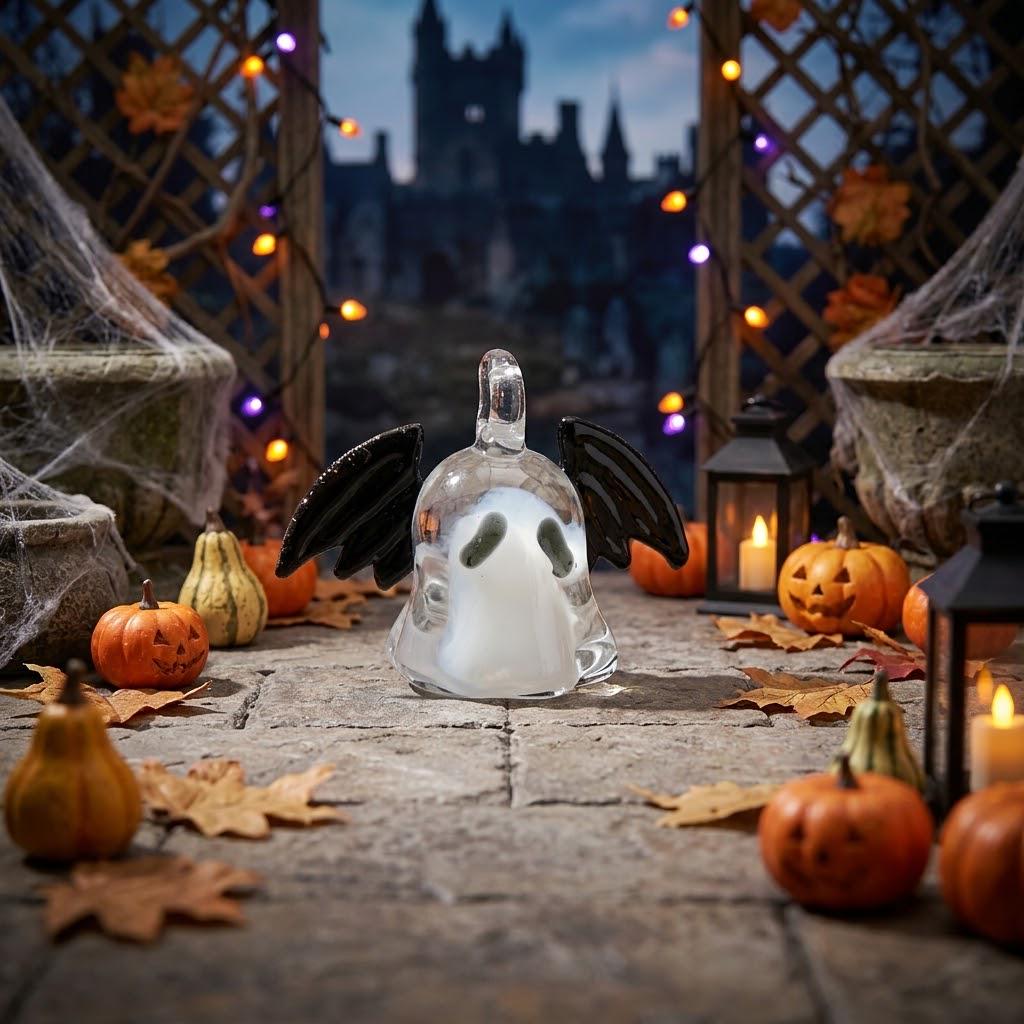 Ghost Ornament with Black Side Wings and Downturned Eyes, Halloween Hanging Decor by AuroraeGlass — photo 2