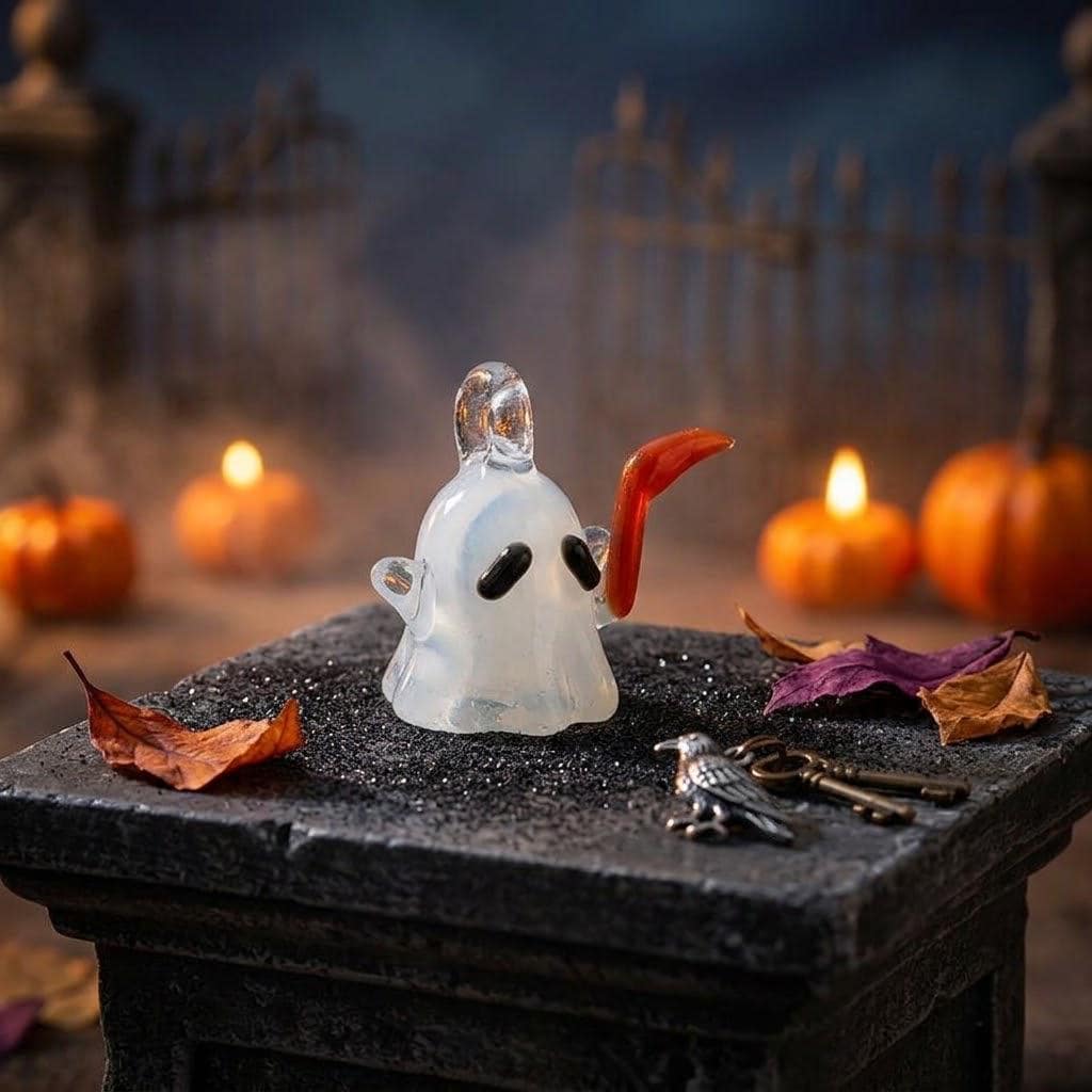 Ghost Ornament with Orange Curved Side Detail, Mini Halloween Hanging Decor by AuroraeGlass — photo 2