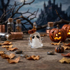 Ghost Ornament with Amber Pumpkin Hat and Downturned Eyes, Halloween Hanging Decor by AuroraeGlass — photo 2