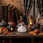 Ghost Ornament with Amber Pumpkin Hat and Downturned Eyes, Halloween Hanging Decor by AuroraeGlass — photo 1