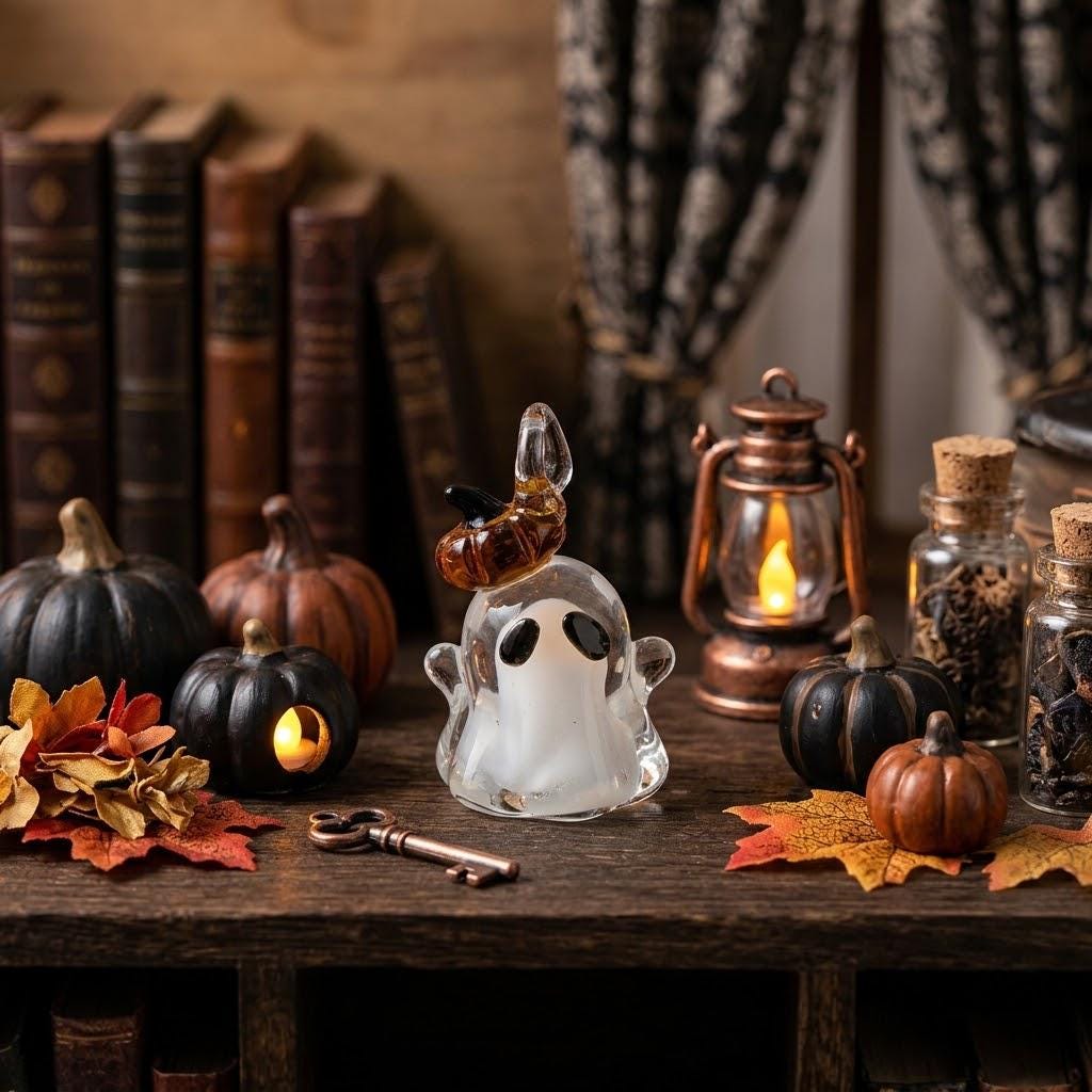 Ghost Ornament with Amber Pumpkin Hat and Downturned Eyes, Halloween Hanging Decor by AuroraeGlass — photo 1