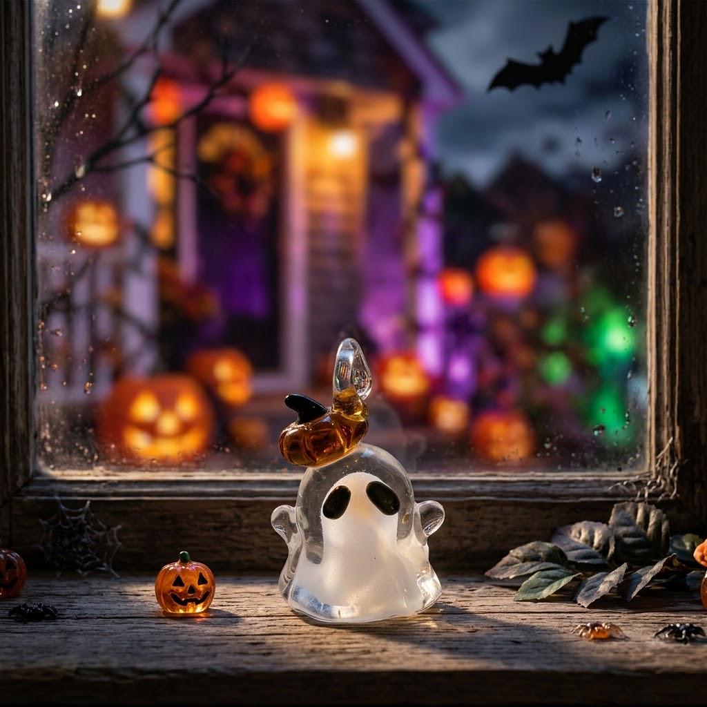 Ghost Ornament with Amber Pumpkin Hat and Downturned Eyes, Halloween Hanging Decor by AuroraeGlass — photo 7