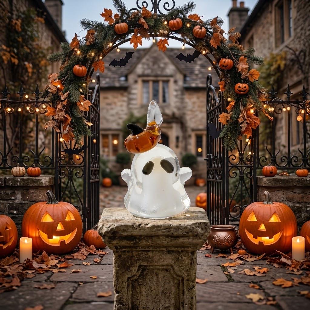 Ghost Ornament with Amber Pumpkin Hat and Downturned Eyes, Halloween Hanging Decor by AuroraeGlass — photo 8