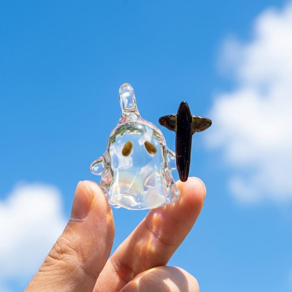 Ghost Ornament with Black Cross-Shaped Side Detail, Mini Halloween Hanging Decor by AuroraeGlass — photo 6