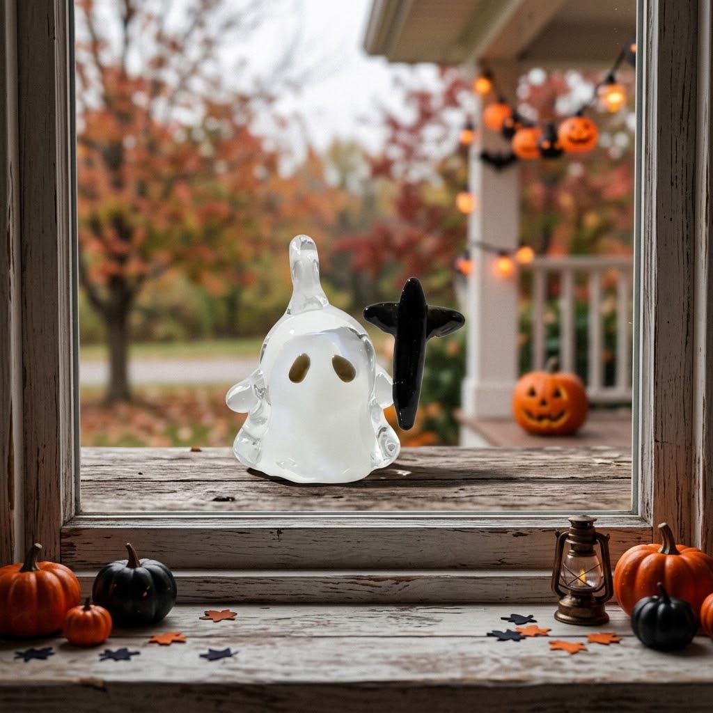 Ghost Ornament with Black Cross-Shaped Side Detail, Mini Halloween Hanging Decor by AuroraeGlass — photo 8