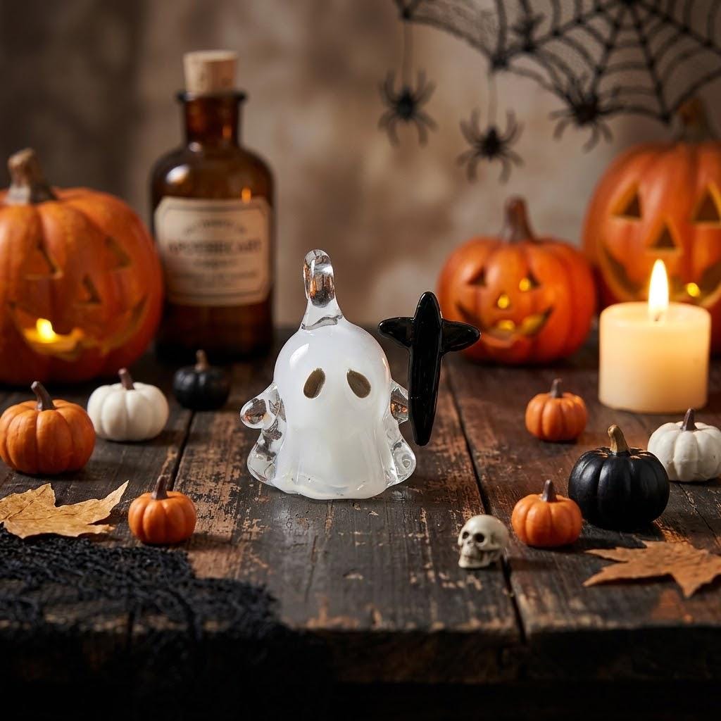 Ghost Ornament with Black Cross-Shaped Side Detail, Mini Halloween Hanging Decor by AuroraeGlass — photo 2