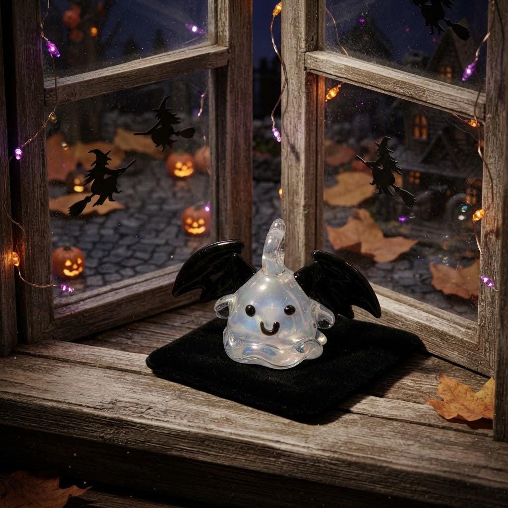 Smiling Ghost Ornament with Black Bat Wings, Wide Mini Halloween Hanging Decor by AuroraeGlass — photo 7