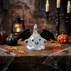 Smiling Ghost Ornament with Black Bat Wings, Wide Mini Halloween Hanging Decor by AuroraeGlass — photo 2