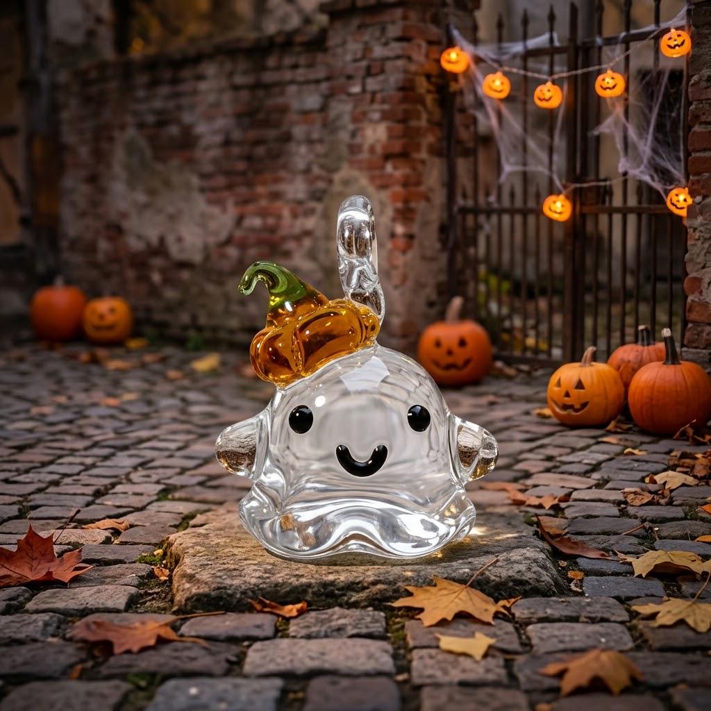 Smiling Ghost Ornament with Orange Pumpkin Hat, Small Halloween Hanging Decor by AuroraeGlass — photo 2