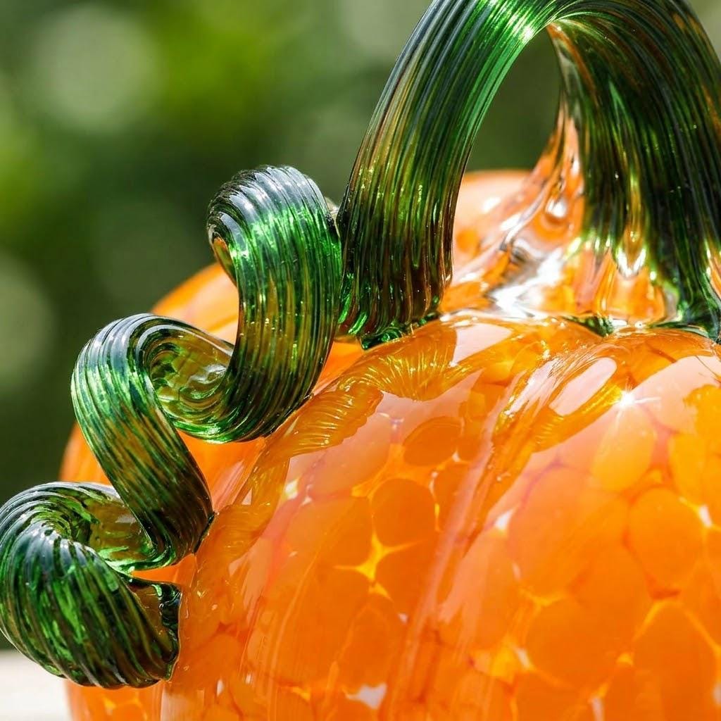 Orange Mottled Pumpkin Figurine with Green Curled Stem, Fall Table Decor by AuroraeGlass — photo 3