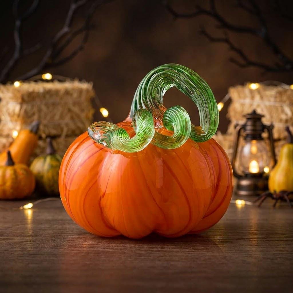 Handmade Orange Pumpkin Figurine with Green Curled Stem, Fall Table Decor by AuroraeGlass — photo 2