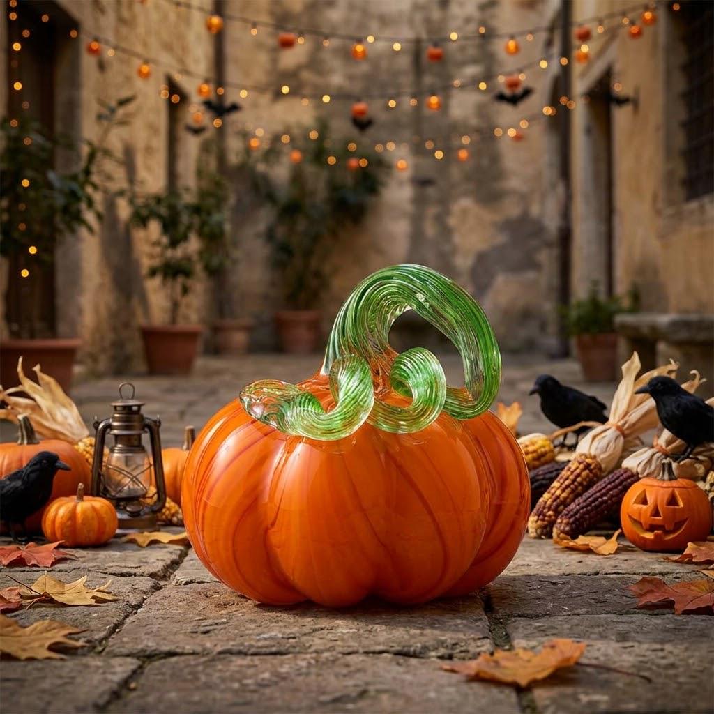 Handmade Orange Pumpkin Figurine with Green Curled Stem, Fall Table Decor by AuroraeGlass — photo 6