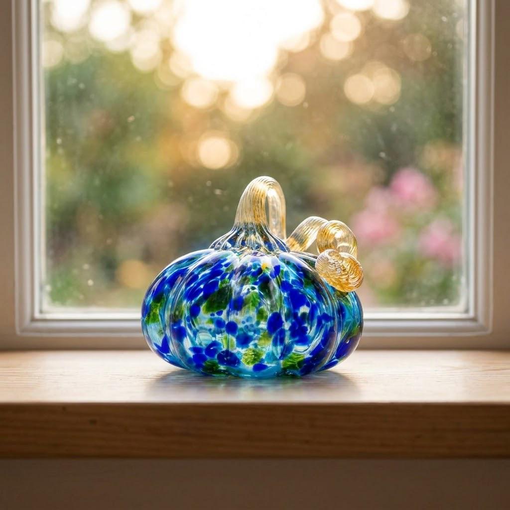 Handmade Blue and Green Speckled Pumpkin Figurine, Fall Shelf Decor by AuroraeGlass — photo 8