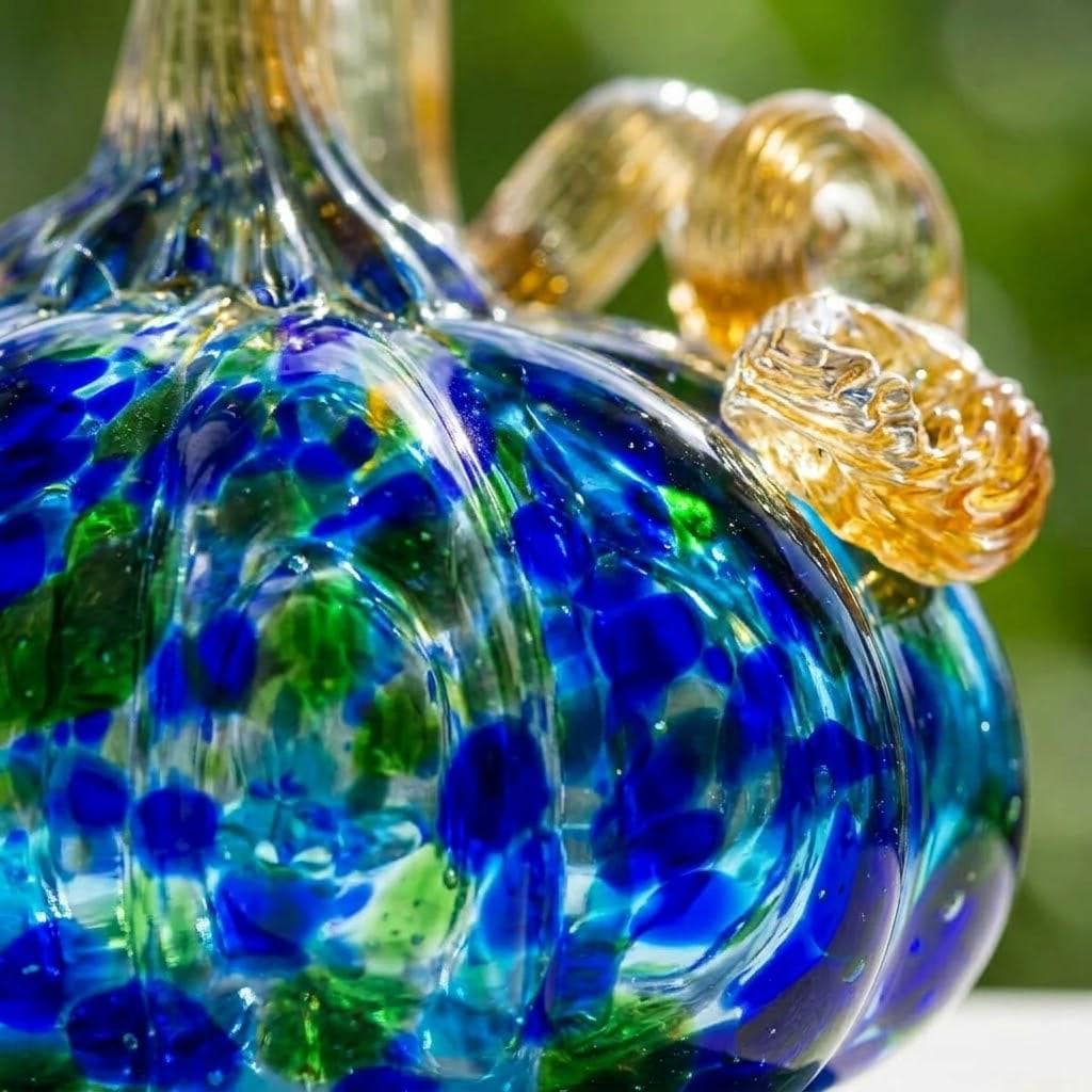 Handmade Blue and Green Speckled Pumpkin Figurine, Fall Shelf Decor by AuroraeGlass — photo 4