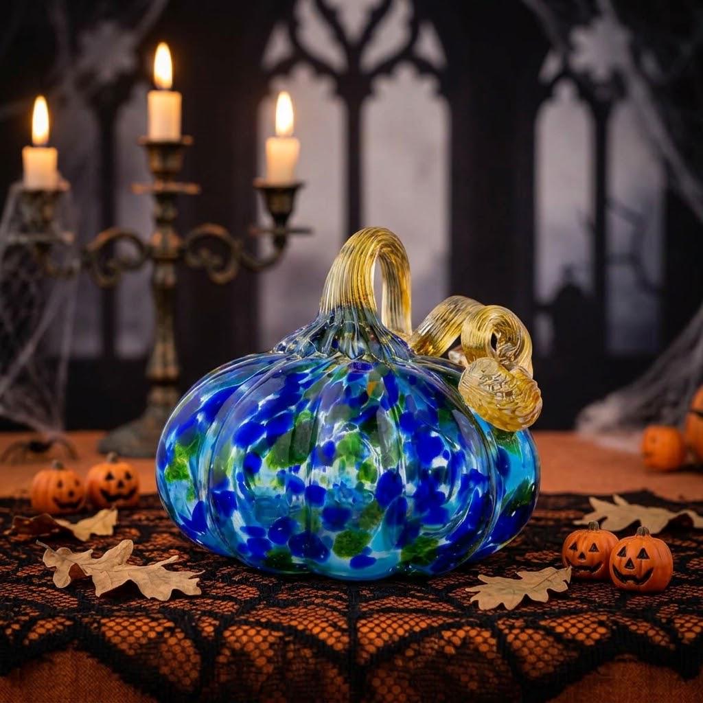 Handmade Blue and Green Speckled Pumpkin Figurine, Fall Shelf Decor by AuroraeGlass — photo 2