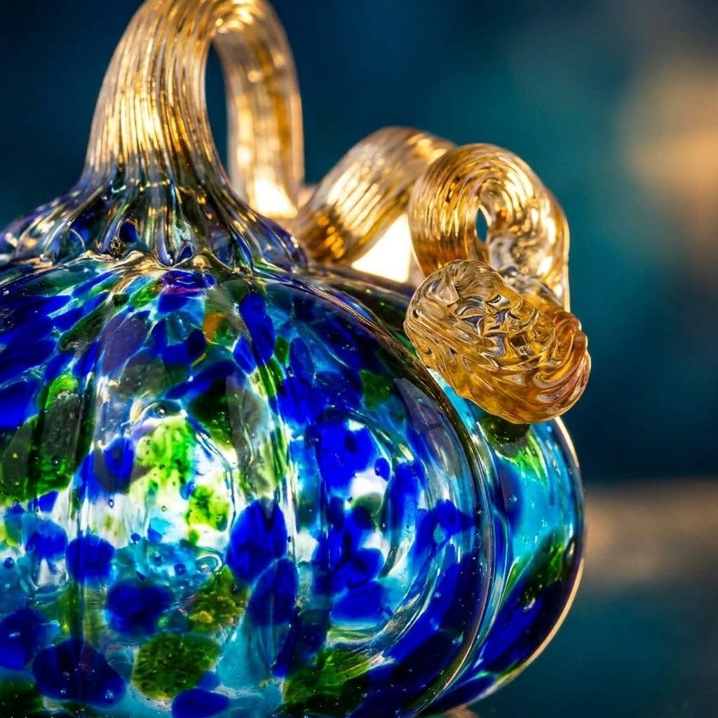 Handmade Blue and Green Speckled Pumpkin Figurine, Fall Shelf Decor by AuroraeGlass — photo 3