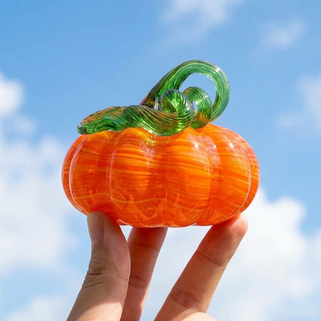 Handmade Orange Striped Pumpkin Figurine with Green Curl, Autumn Table Decor by AuroraeGlass — photo 6