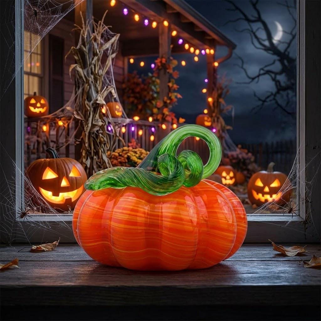 Handmade Orange Striped Pumpkin Figurine with Green Curl, Autumn Table Decor by AuroraeGlass — photo 7