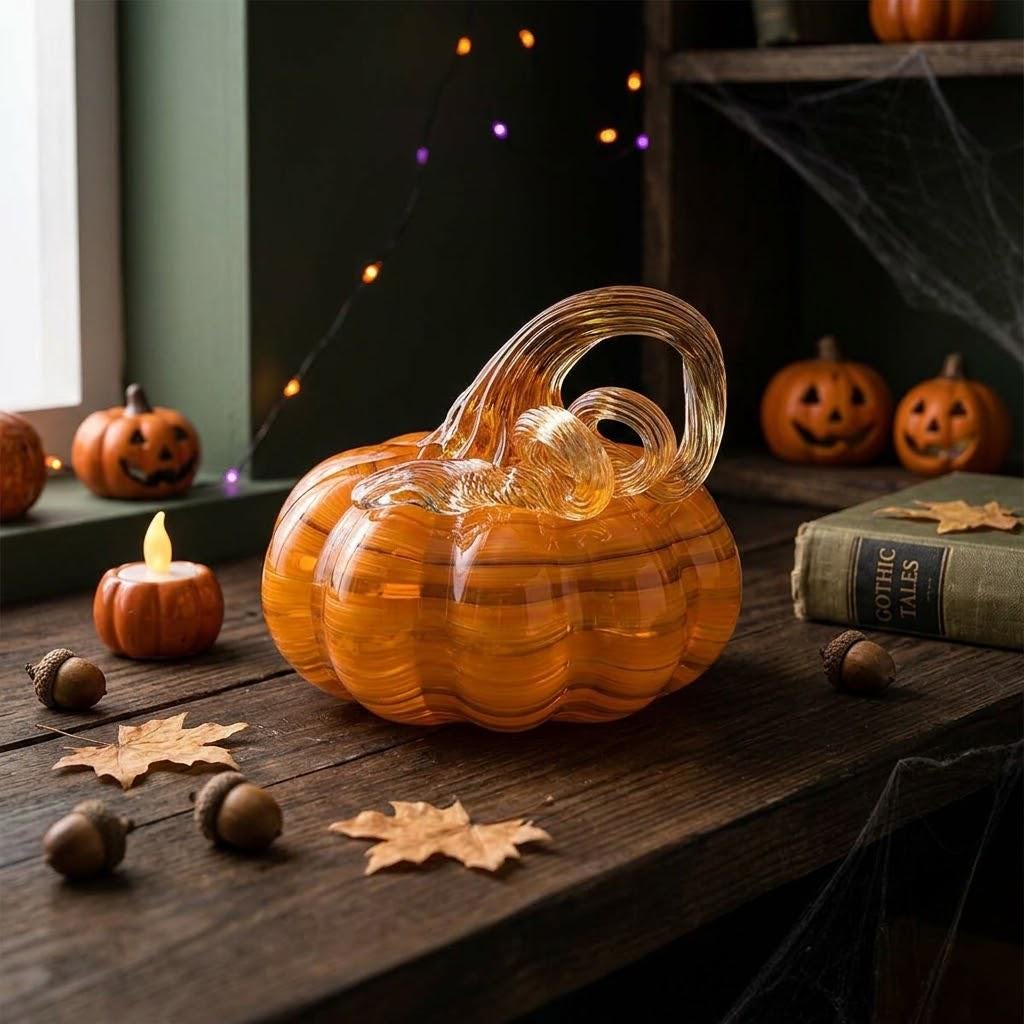 Handmade Amber Striped Pumpkin Figurine with Curled Stem, Fall Shelf Decor by AuroraeGlass — photo 2