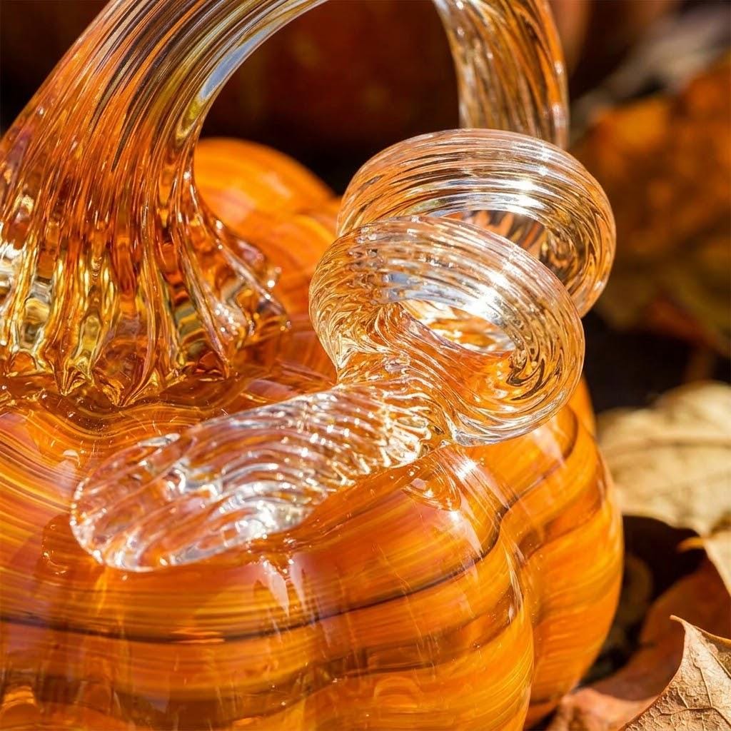 Handmade Amber Striped Pumpkin Figurine with Curled Stem, Fall Shelf Decor by AuroraeGlass — photo 3