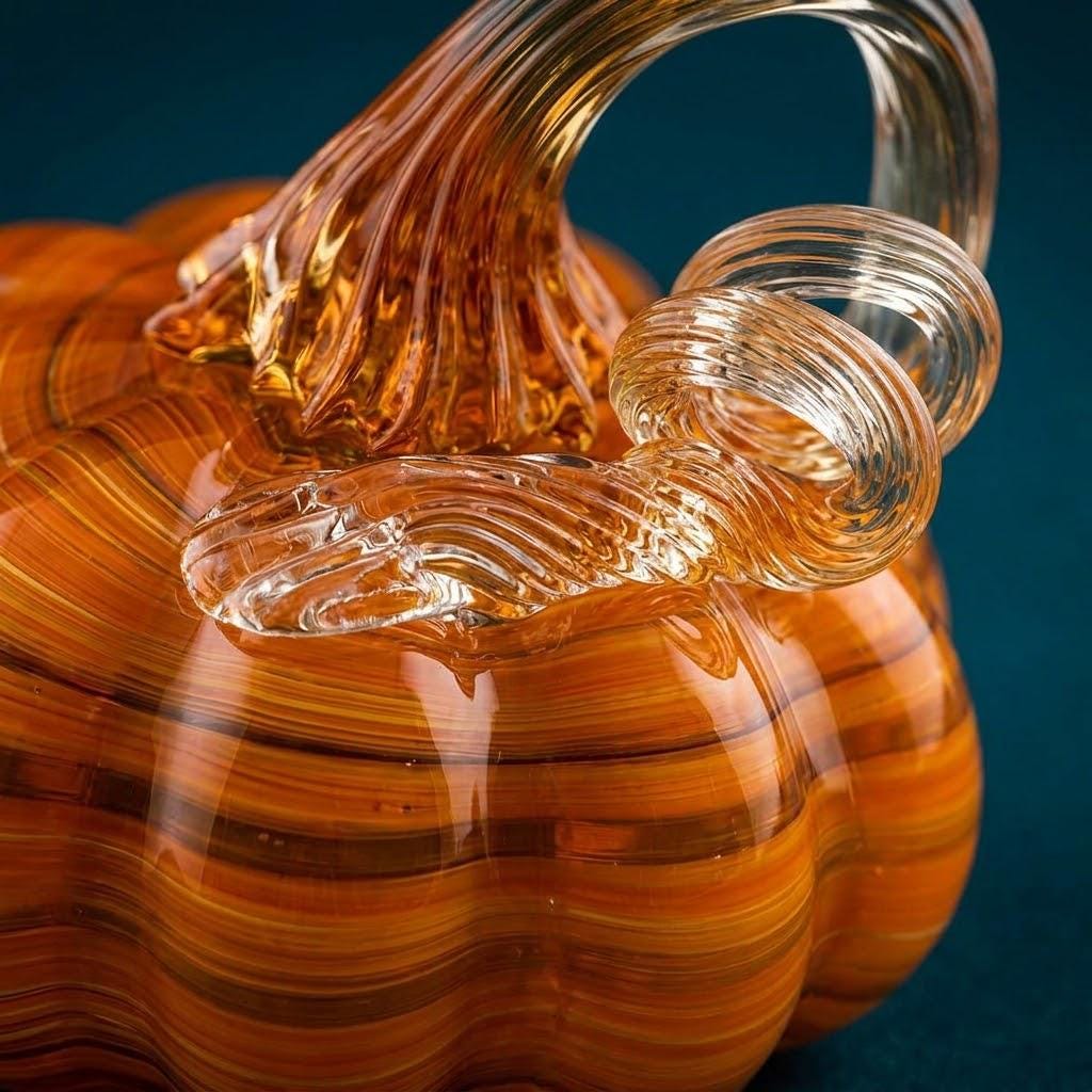 Handmade Amber Striped Pumpkin Figurine with Curled Stem, Fall Shelf Decor by AuroraeGlass — photo 4