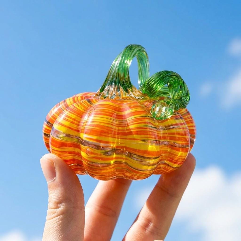 Handmade Multicolor Striped Pumpkin Figurine with Green Stem, Fall Decor by AuroraeGlass — photo 3