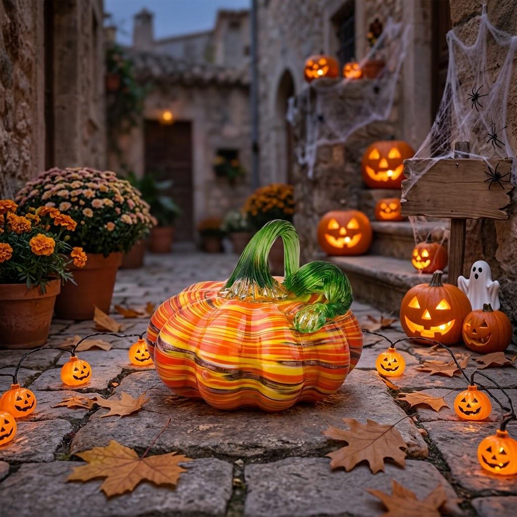 Handmade Multicolor Striped Pumpkin Figurine with Green Stem, Fall Decor by AuroraeGlass — photo 9