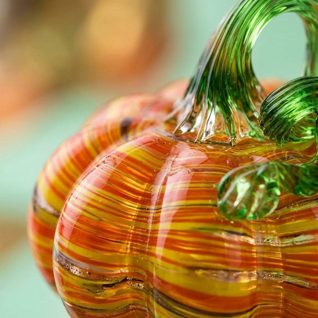 Handmade Multicolor Striped Pumpkin Figurine with Green Stem, Fall Decor by AuroraeGlass — photo 4