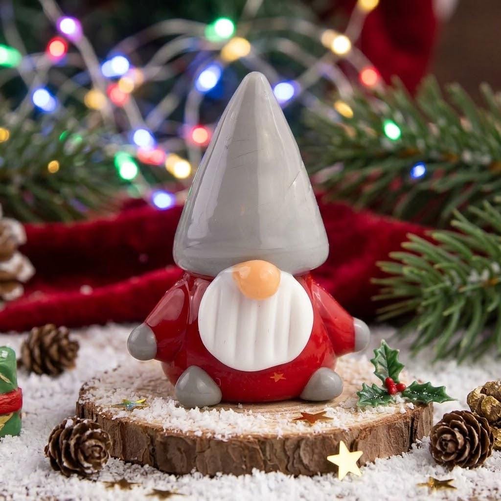 Gnome Figurine with Gray Pointed Hat and Red Body, Mini Indoor Shelf Decor by AuroraeGlass — photo 2
