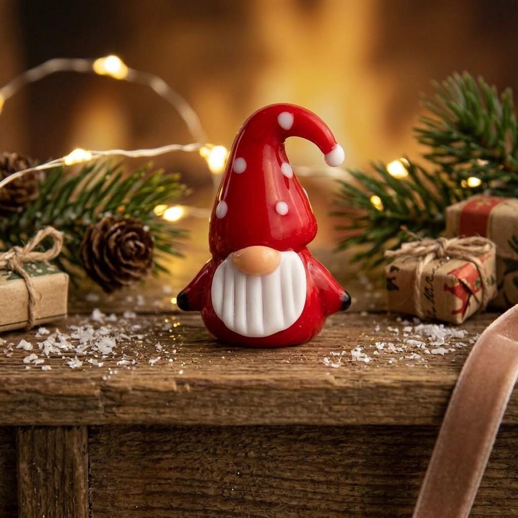 Gnome Figurine with Curved Red Polka Dot Hat and White Beard, Mini Decor by AuroraeGlass — photo 2