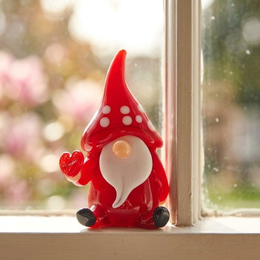 Gnome Figurine with Tall Red Polka Dot Hat and Raised Hand, Small Shelf Decor by AuroraeGlass — photo 8