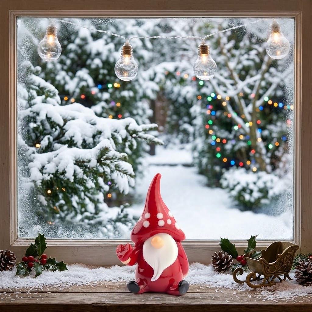 Gnome Figurine with Tall Red Polka Dot Hat and Raised Hand, Small Shelf Decor by AuroraeGlass — photo 3