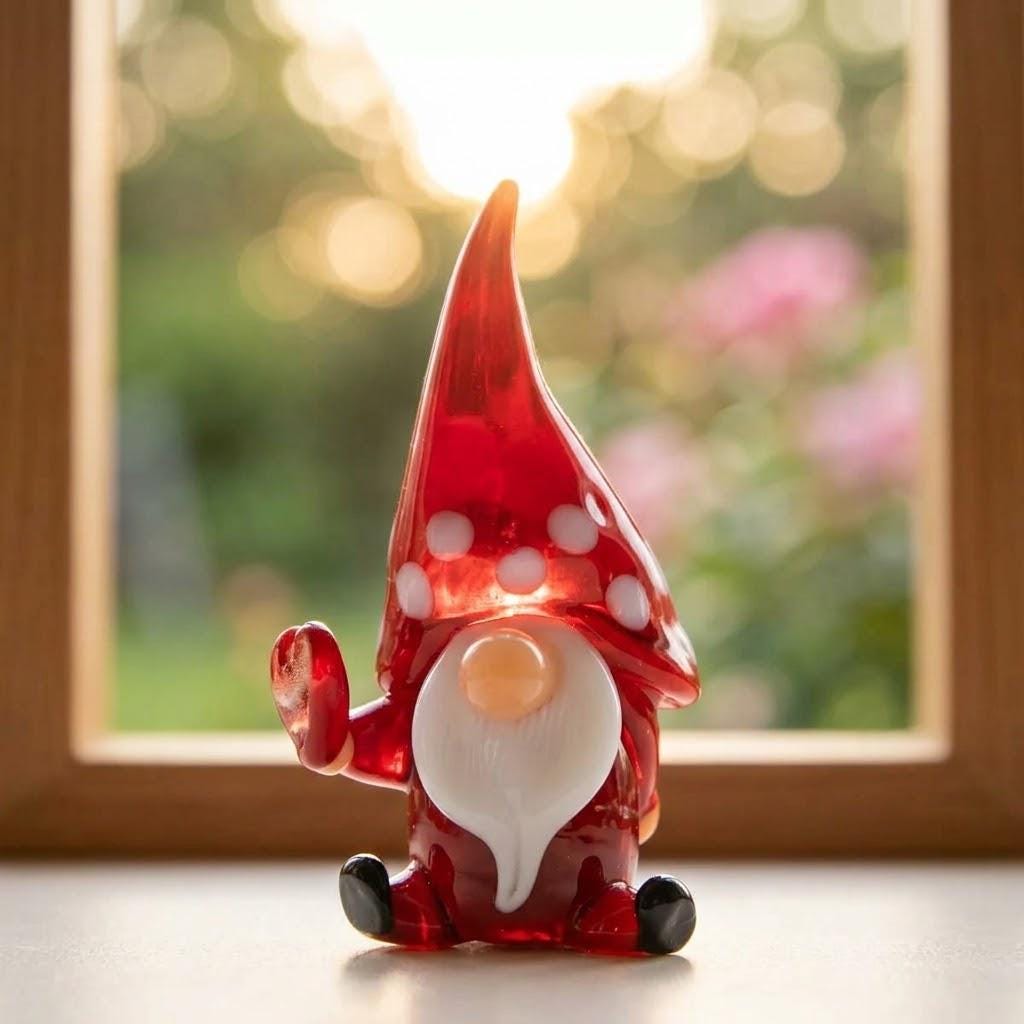 Gnome Figurine with Tall Red Spotted Hat and Raised Hand, Tabletop Decor by AuroraeGlass — photo 9