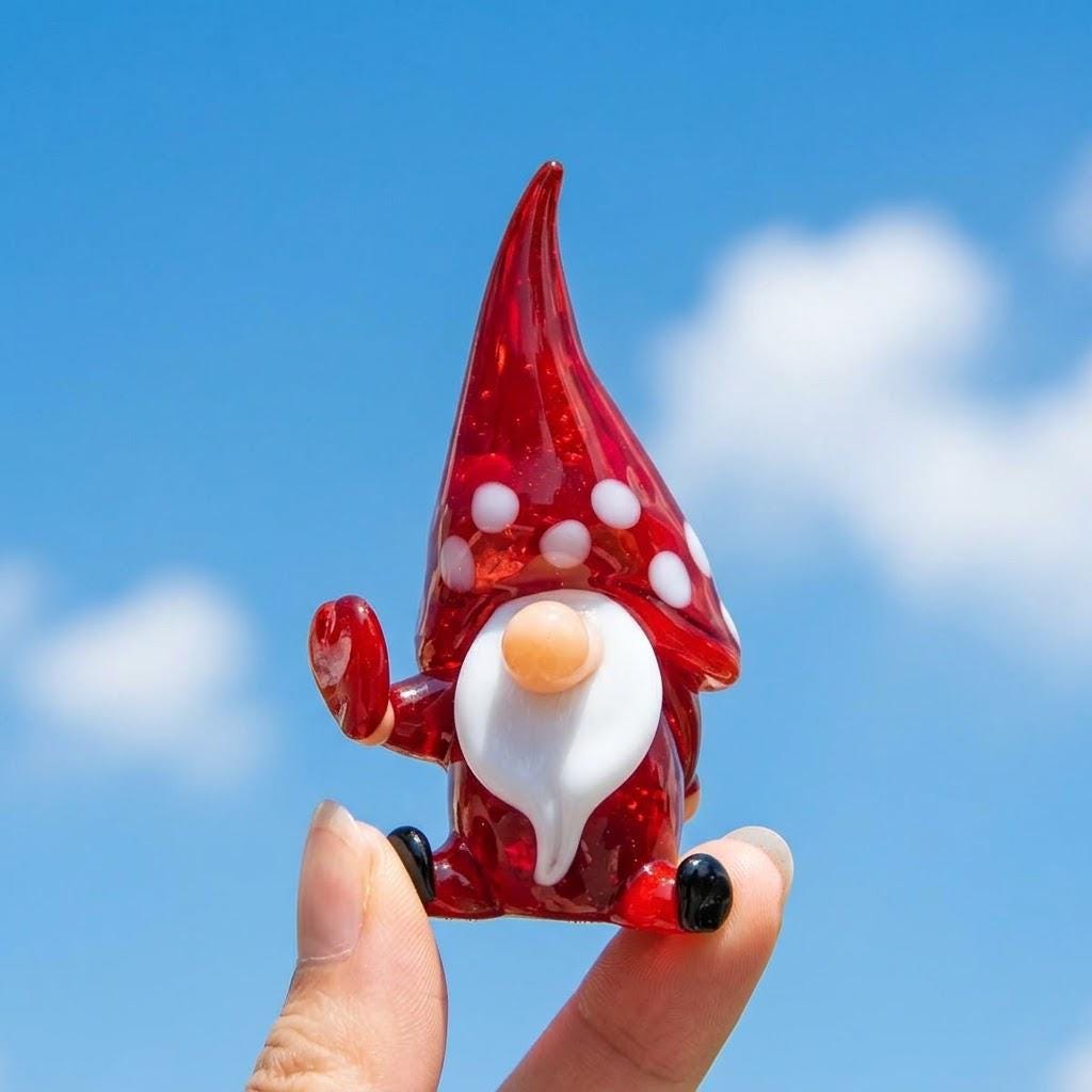 Gnome Figurine with Tall Red Spotted Hat and Raised Hand, Tabletop Decor by AuroraeGlass — photo 8