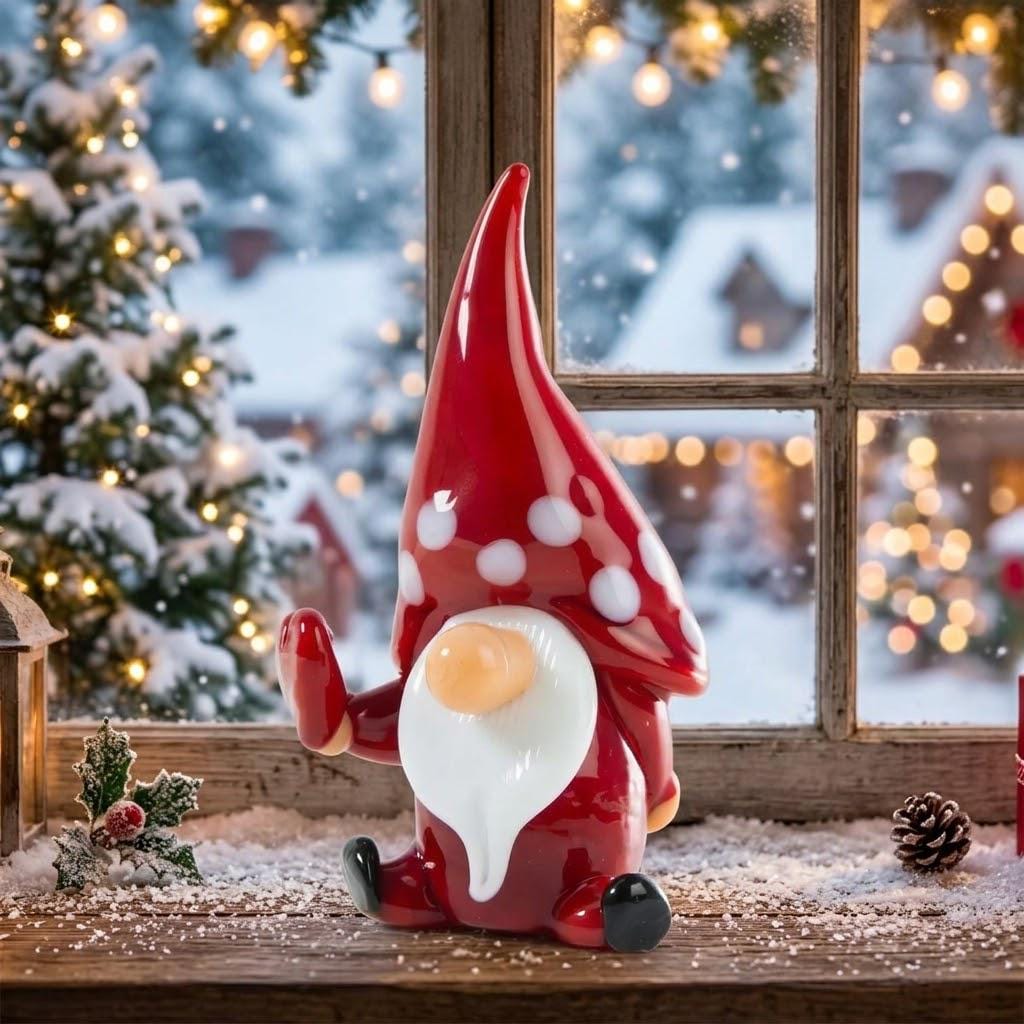Gnome Figurine with Tall Red Spotted Hat and Raised Hand, Tabletop Decor by AuroraeGlass — photo 3
