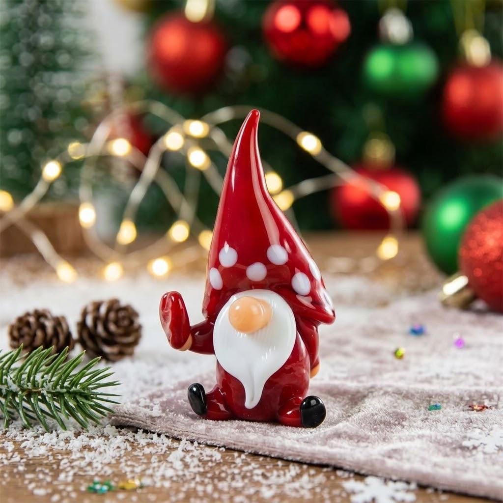 Gnome Figurine with Tall Red Spotted Hat and Raised Hand, Tabletop Decor by AuroraeGlass — photo 2