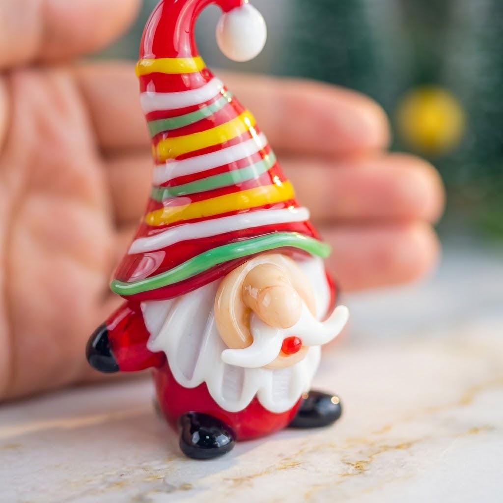 Gnome Figurine with Red Multicolor Striped Hat and White Beard, Shelf Decor by AuroraeGlass — photo 4
