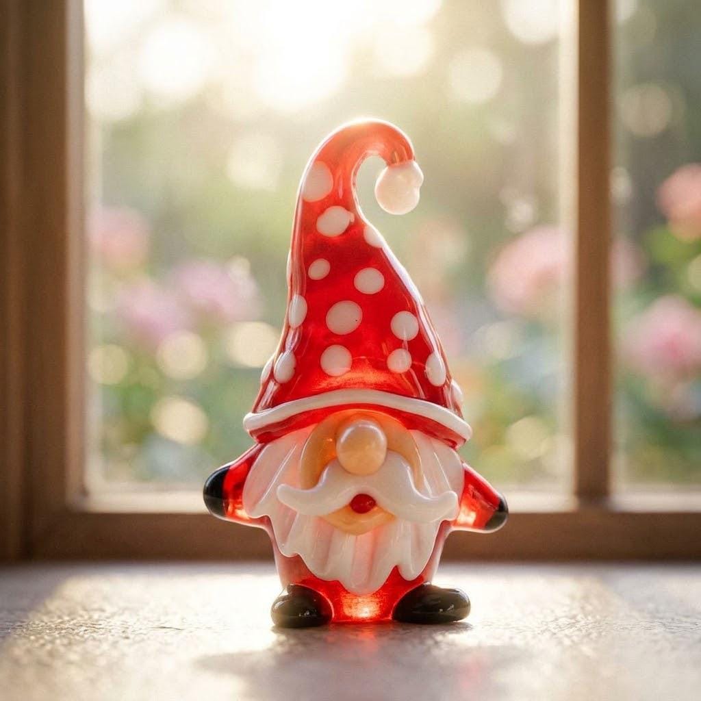 Gnome Figurine with Red and White Polka Dot Hat and Curled Beard, Shelf Decor by AuroraeGlass — photo 9