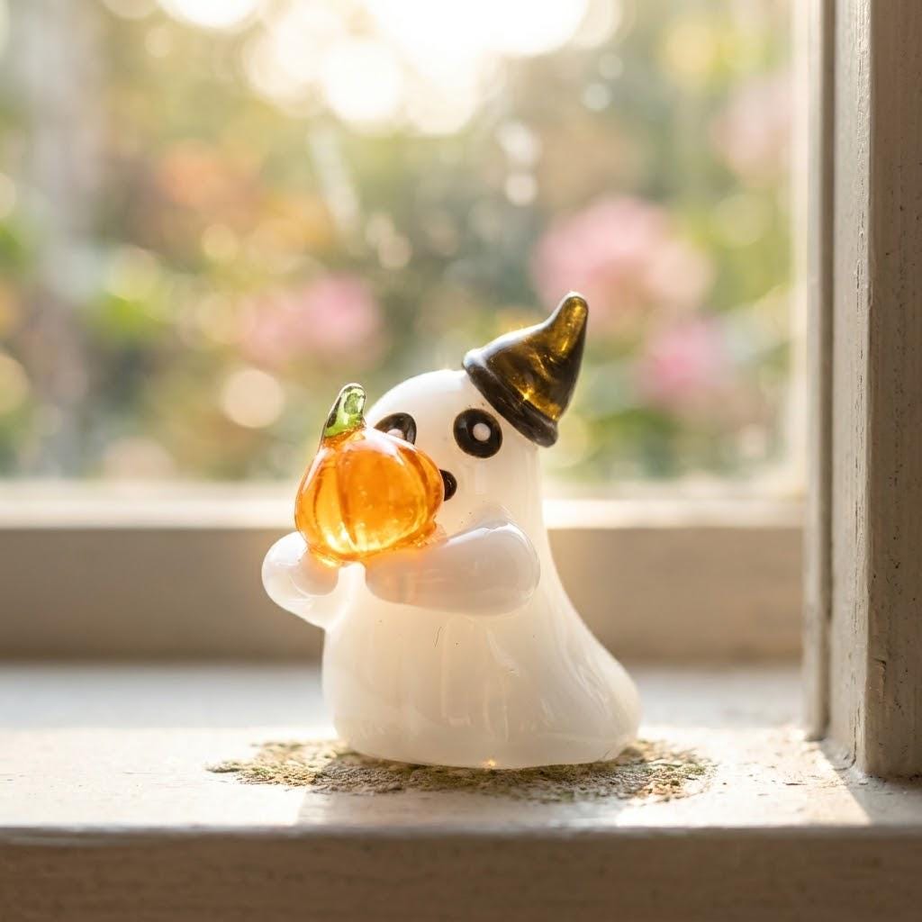 Ghost Figurine Holding Orange Pumpkin with Black Pointed Hat, Mini Halloween Decor by AuroraeGlass — photo 9