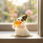 Ghost Figurine Holding Orange Pumpkin with Black Pointed Hat, Mini Halloween Decor by AuroraeGlass — photo 9