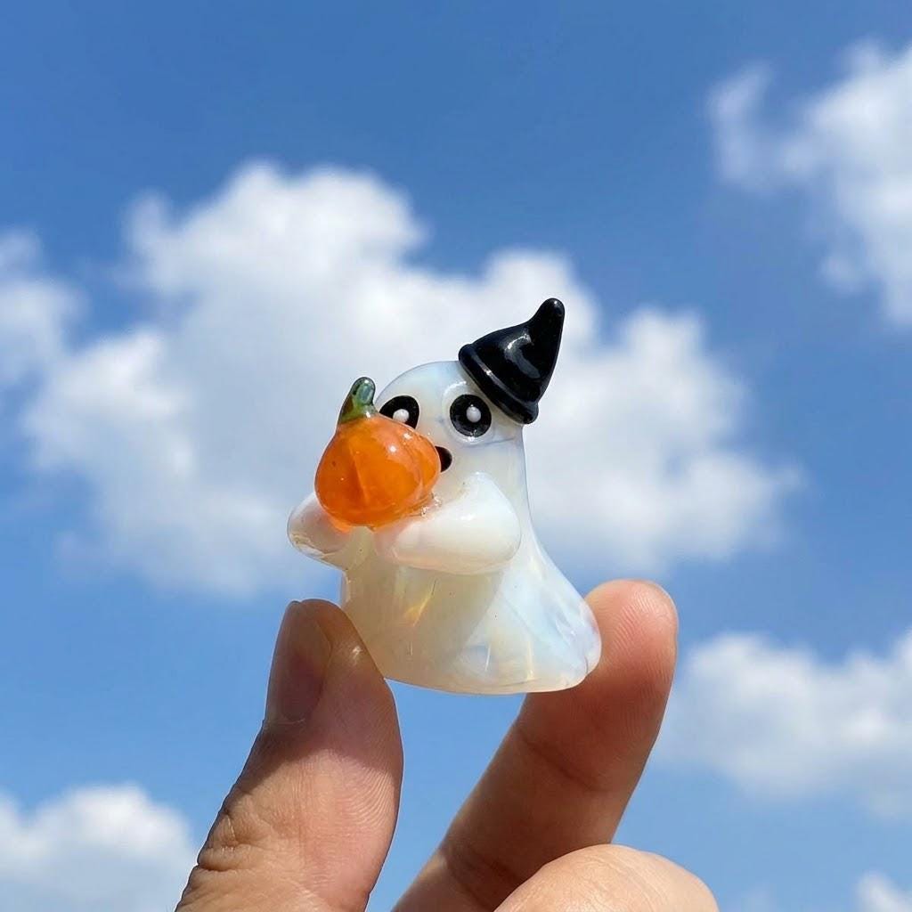 Ghost Figurine Holding Orange Pumpkin with Black Pointed Hat, Mini Halloween Decor by AuroraeGlass — photo 6